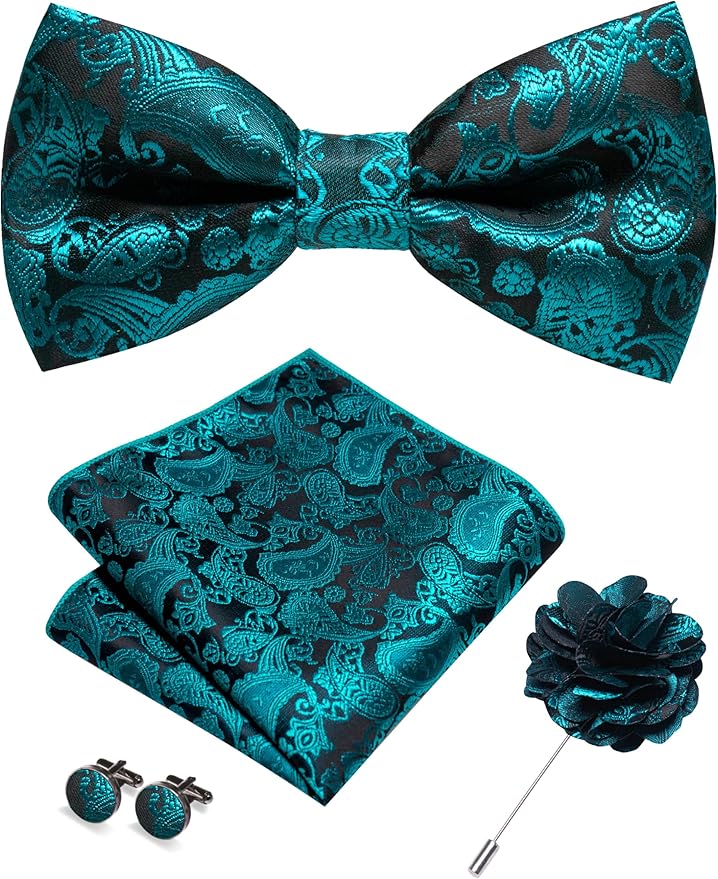 JEMYGINS Paisley Pre-tied Bow Tie and Pocket Square Cufflinks Lapel Pin Sets for Men 4PCS