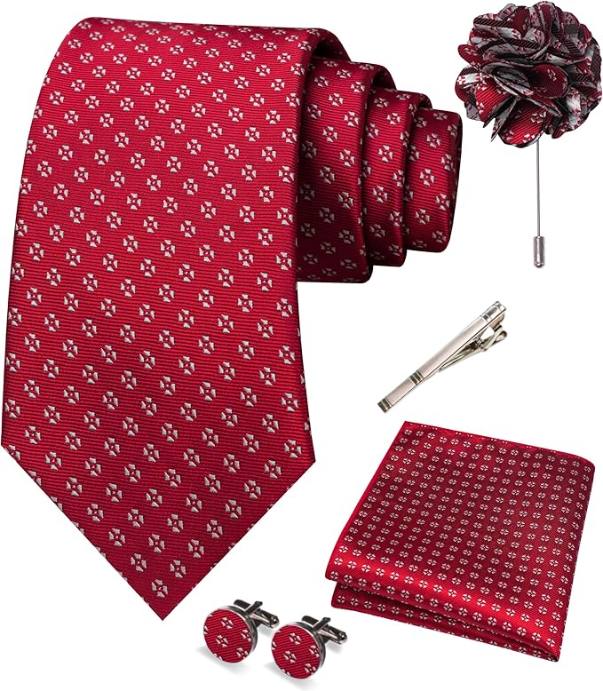 JEMYGINS Mens Tie and Pocket Square,Lapel Pin,Cufflinks,Tie Clip Sets with Gift Box 5PCS