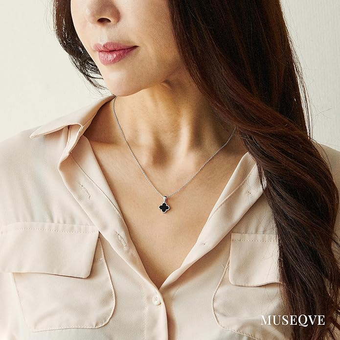 MUSEQVE Four Leaf Clover Necklace for Women Dainty Mother of Pearl White Black Onyx Pink Blue Mint Green Crystal Lucky Clover Pendant 14K Gold Plated Jewelry Gifts [CVRN]