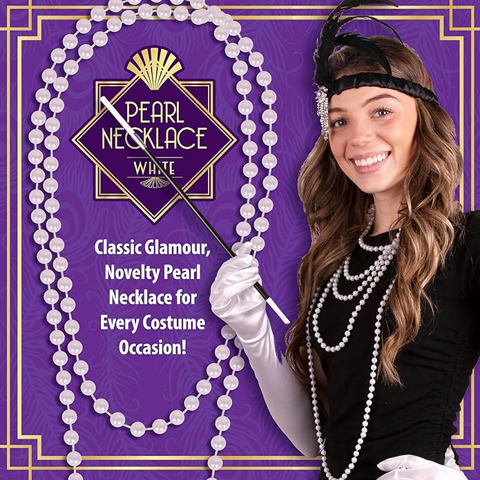 Kangaroo Vintage 48" Flapper Faux Pearl Necklace for Women White, 1 Pack - 1920s Costume Jewelry Accessory for Girls & Accessories for Women - Strand Pearls Long Necklace For Christmas Events Outfit