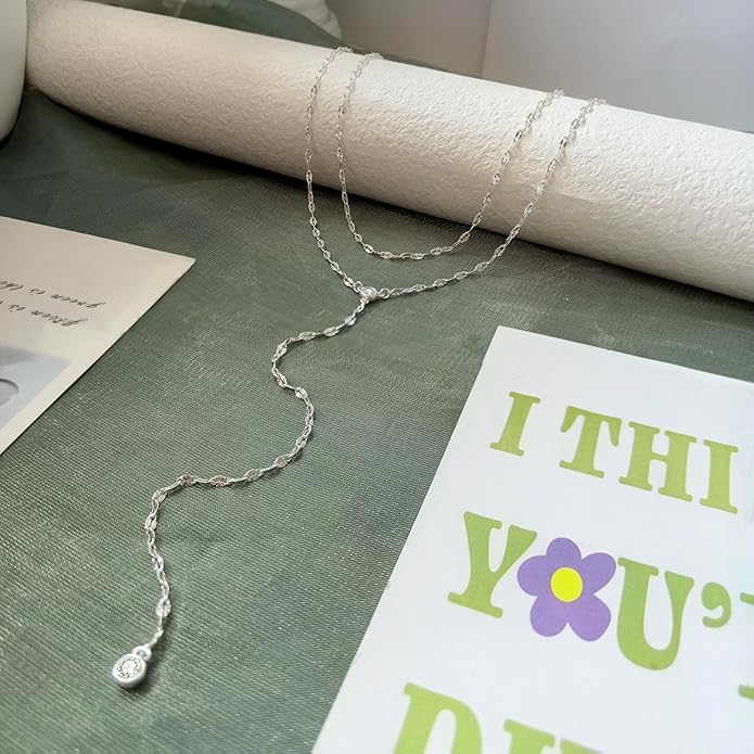 Luxval Lariat Gold Necklace for Women, Dainty Long Necklace 14k Gold Plated/Silver Y-Shaped Pendant Necklaces Trendy Beaded Chain Drop Necklaces Jewelry for Women Gifts