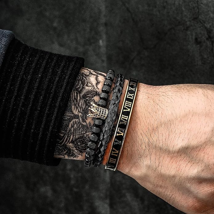 WFYOU 3PCS Stainless Steel Bracelets for Men Gold Roman Numeral Bangle Bracelet Twisted Cable Bracelet Adjustable Cuff Bracelet Mens Luxury Jewelry Bracelets Gifts