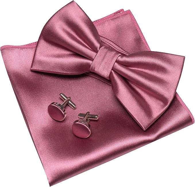 JEMYGINS Solid Color mens Pre-tied Bow Tie and Pocket Square Cufflinks Sets with Gift Box