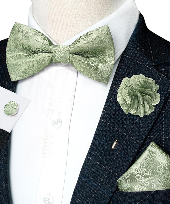 JEMYGINS Paisley Pre-tied Bow Tie and Pocket Square Cufflinks Lapel Pin Sets for Men 4PCS
