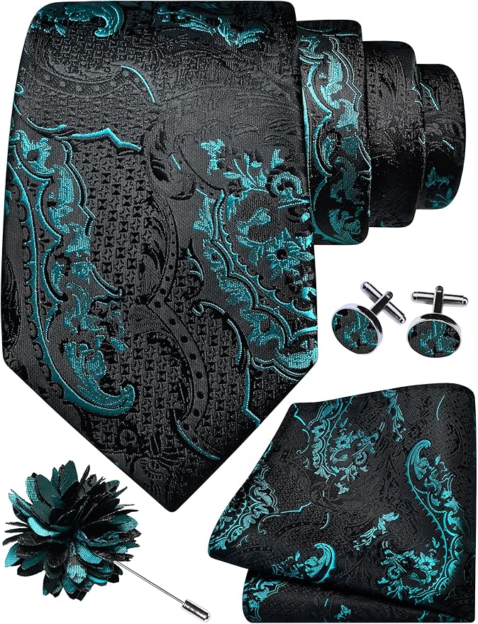 GUSLESON 8cm Paisley Tie Set for Men Necktie Lapel Pin Pocket Square Cufflinks Set for Men