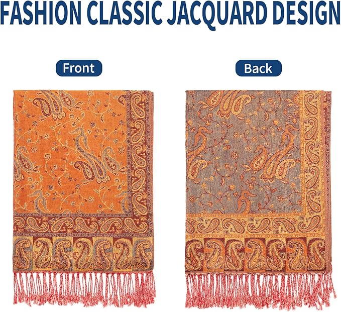 QIUTIMIY Paisley Pashmina Shawl Wrap Women Reversible Vintage Jacquard Pashmina Rave Scarf with Fringe for Evening, Wedding