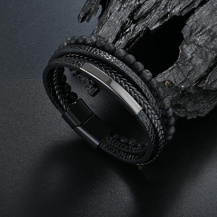 Mens Tiger Eye Matee Black Onyx Lava Rock Volcanic Stone Beaded Bracelet, Black Braided Leather Bracelet for Men