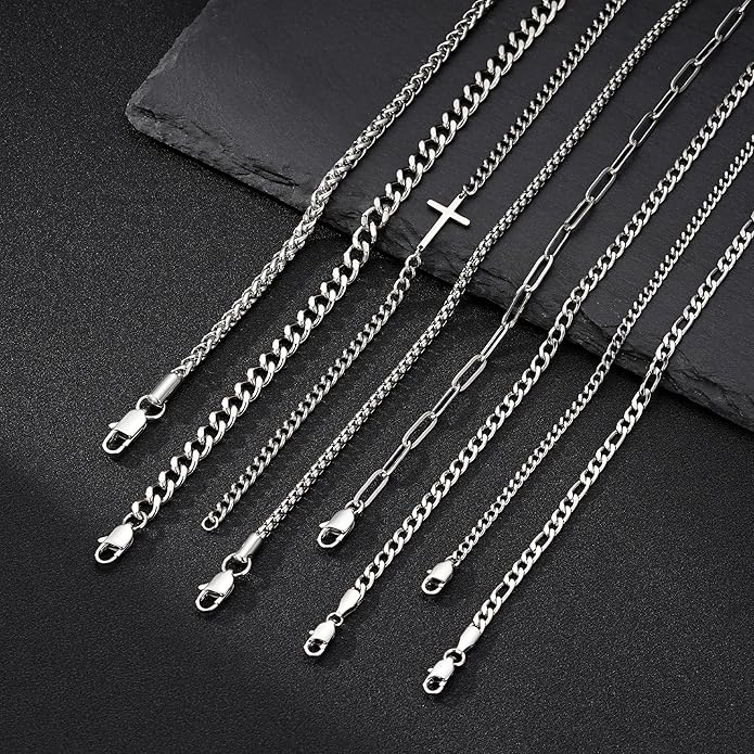 Yoosteel Mens Bracelets - Silver Chain Bracelet Stainless Steel Cuban Link Stack Bracelets Sturdy Rope Paperclip Chains Set 7.5/8.3/9 inches Trendy Jewelry for Men