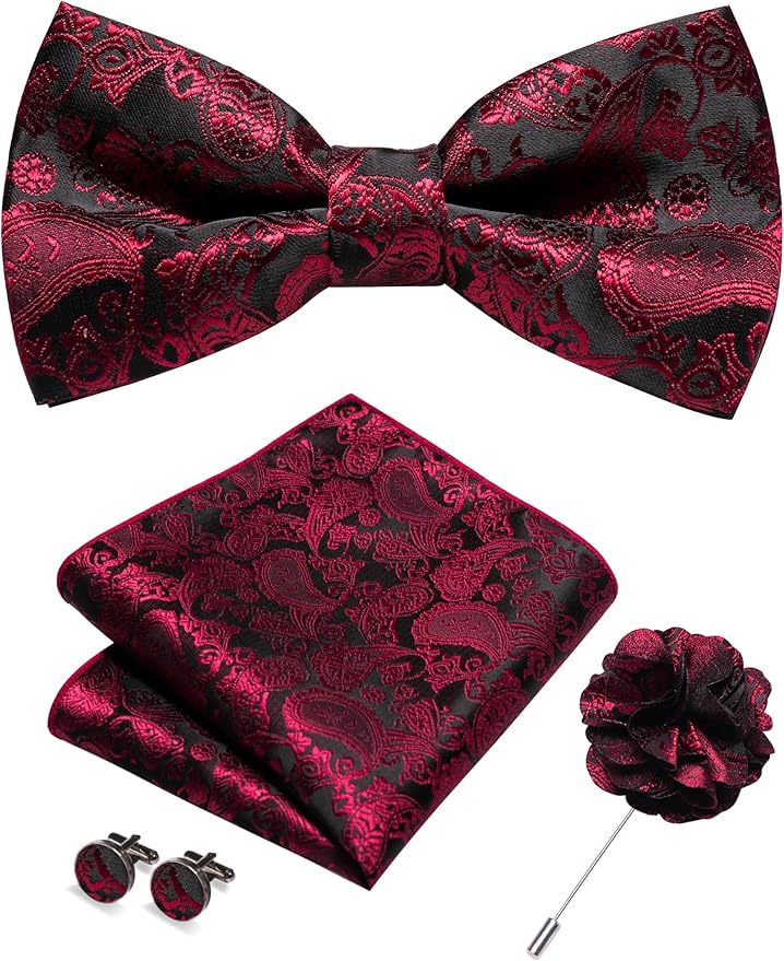 JEMYGINS Paisley Pre-tied Bow Tie and Pocket Square Cufflinks Lapel Pin Sets for Men 4PCS