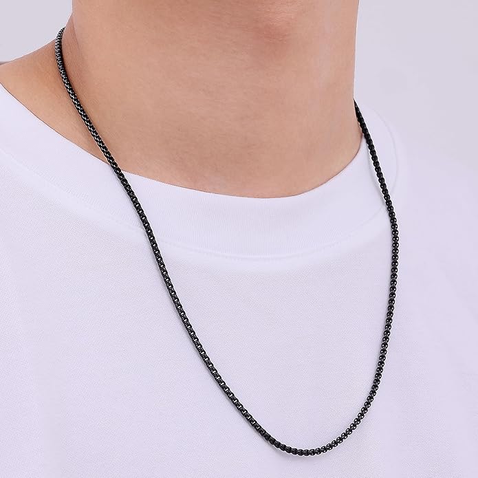 Fiusem Box Chain for Men, Silver Tone/14K Gold Plated/Black Stainless Steel Necklace for Men and Women, Width 2/2.5/3/4/5mm, Length 18-28 Inches