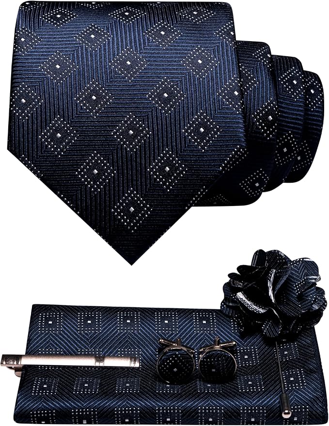 JEMYGINS Mens Tie and Lapel Pin Necktie Pocket Square Cufflinks and Tie Clip Sets for Business Casual 5PCS