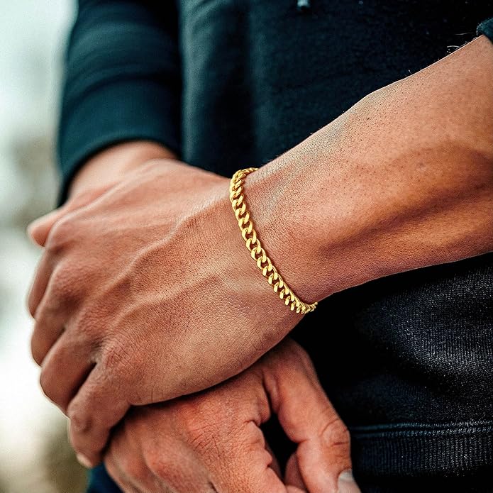 Cuban Link Bracelet for Men, 18K Gold Over Sterling Silver 6MM Cuban Link Bracelet Diamond Cut Cuban Chain Mens Bracelet Gifts for Boyfriend Father Husband