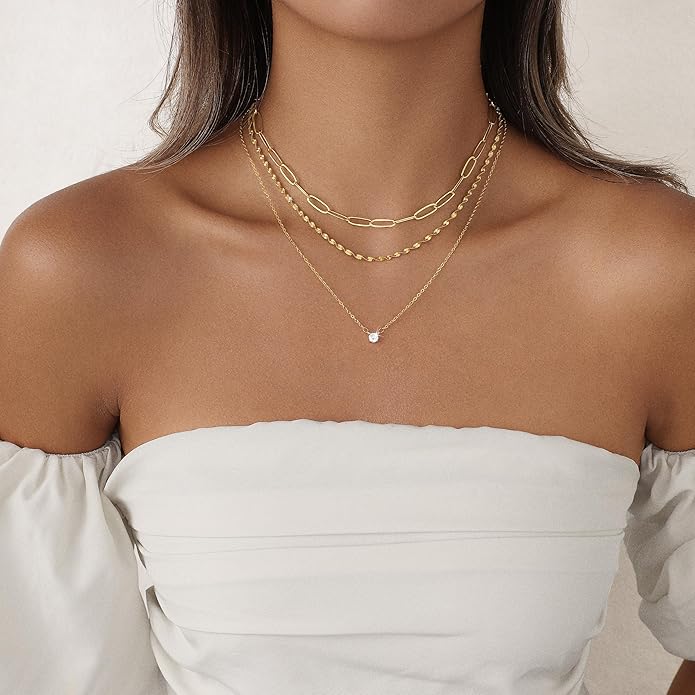 Layered Gold Necklace for Women Trendy 14K Gold Plated Heart CZ Pendant Layered Gold Necklaces Set Coin Choker Necklaces Simple Circle Cubic Zirconia Pearl Necklace Stack Herringbone Paperclip Chain Jewelry Set