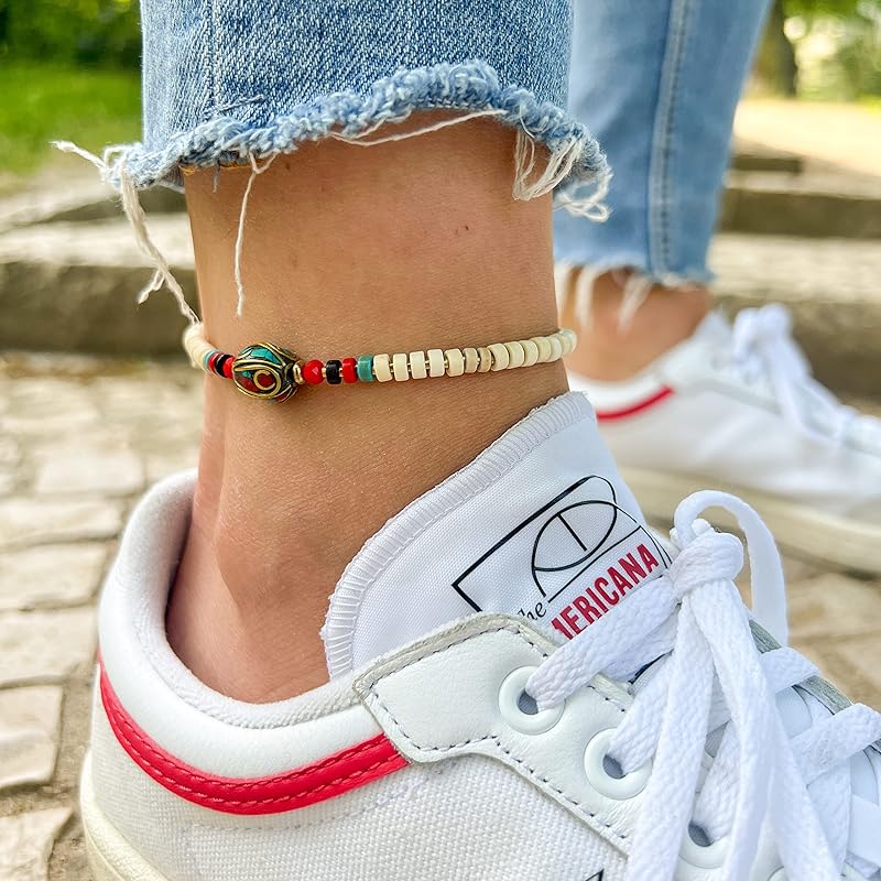 Made by Nami Boho Surfer Anklet Waterproof & Adjustable Beaded Anklets for Women Beachy Ankle Bracelet Made from Waxed Cotton Rope and Beads for Summer and Hippie Style (White)