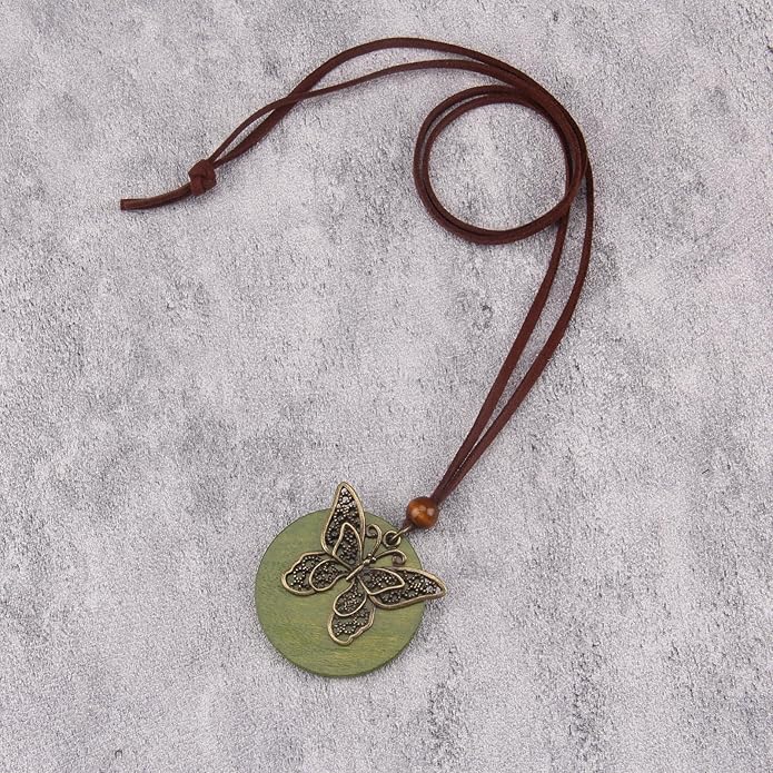 Long Boho Necklaces for Women Vintage Leather Wooden Pendant Y Choker Ethnic Style Gold Circle Hippie Sweater Necklace