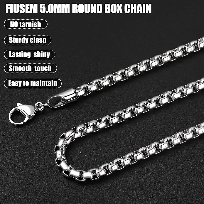 Fiusem Box Chain for Men, Silver Tone/14K Gold Plated/Black Stainless Steel Necklace for Men and Women, Width 2/2.5/3/4/5mm, Length 18-28 Inches