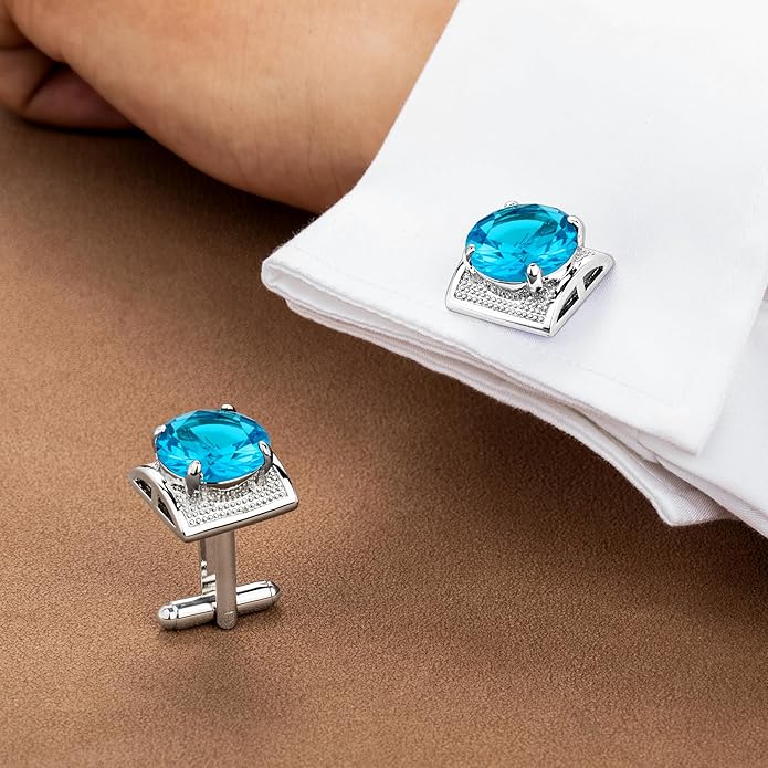 HAWSON Large Silver Birthstone Cuff Links Mens, Colorful Gem Cufflinks for Shirt Suit Accessories, Birthday Anniversary Wedding Gifts for Groommens Husband Father
