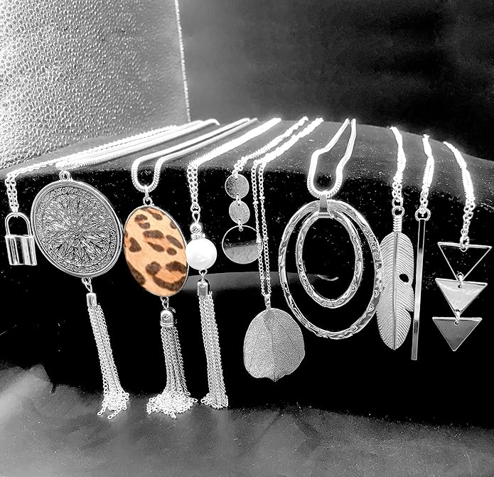 10Pcs Long Pendant Necklace Simple Moon Bar Three Triangle Tassel Lock Sweater Y Shape Punk Chain Choker Necklace for Women Men Gold Silver Plated