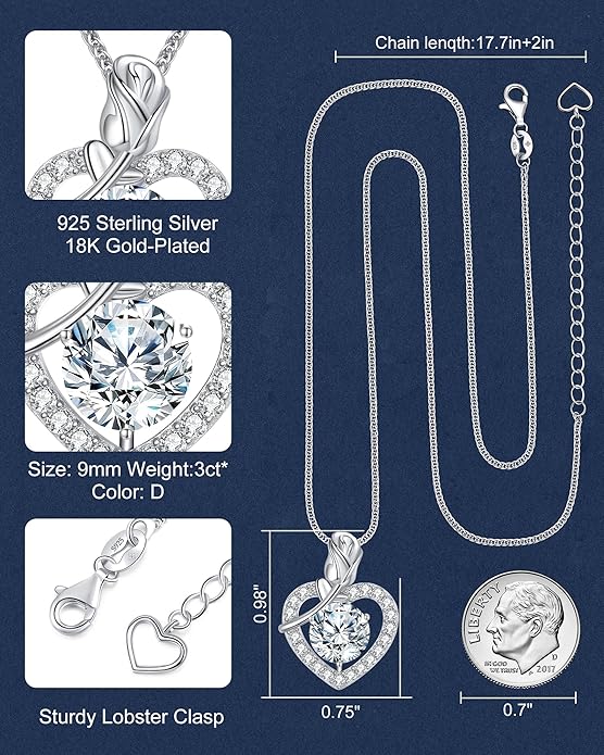 N9NEMUSES Rose Heart Pendant Necklace for Wife, 2-4 Carat Moissanite 925 Sterling Silver Necklace, Wedding Anniversary Present or Birthday Christmas Valentines Day Jewelry for Wife Her Girlfriend Mom Daughter