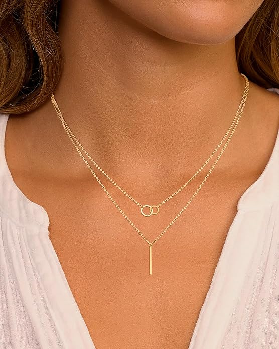 Layered Necklaces for Women 14K Gold Plated Stack Circle Pendant Trendy Long Chain Stackable Handmade Coin Necklace Set Dainty Gold Stacked Jewelry Gifts