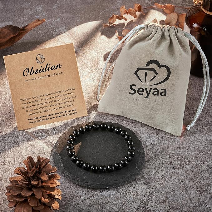 Seyaa Obsidian Bracelet, Mens Bracelet, Natural Black Obsidian Beaded Stretch Bracelets for Men Women