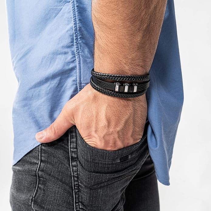 SERASAR | Premium Genuine Leather Bracelet [Glory] for Men in Black | Magnetic Stainless Steel Clasp in Silver and Gold | Exclusive Jewelry Box | Great Gift Idea