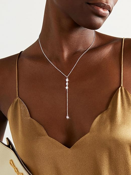 Lariat Gold Necklaces for Women Trendy Dainty Long Necklace 14k Gold Plated/Silver Layered Drop Beaded Chain Necklaces Y-shaped Pendant Necklace Simple Gold Jewelry Gifts