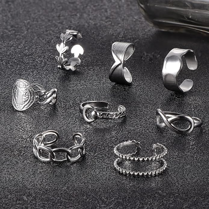 LOLIAS 16Pcs Stainless Steel Rings for Women Chunky Silver Rings Non Tarnish Stackable Ring Open Adjustable Thumb Finger Statement Rings Set