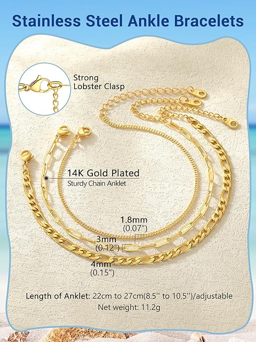 PROSTEEL Stainless Steel Chain Anklets for Women, Silver/Gold Tone, Ankle Bracelets Hypoallergenic, 8-10.5 Inch Adjustable, Come with Box