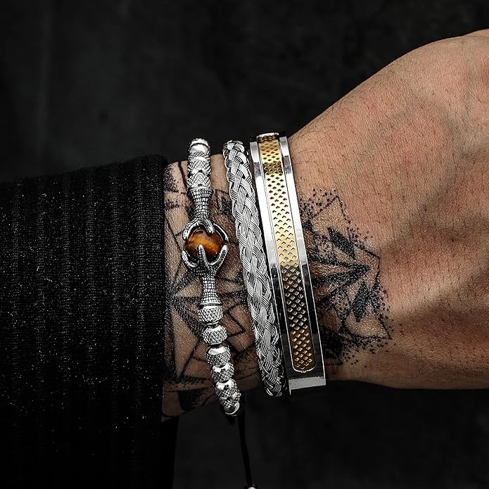 WFYOU 3PCS Stainless Steel Bracelets for Men Gold Roman Numeral Bangle Bracelet Twisted Cable Bracelet Adjustable Cuff Bracelet Mens Luxury Jewelry Bracelets Gifts