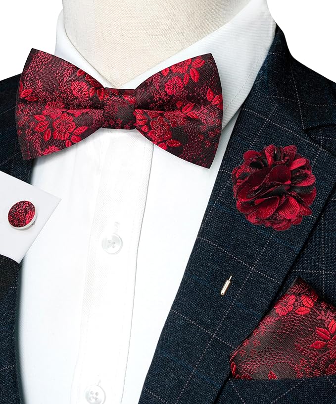 JEMYGINS Floral Pre-tied Bow Tie and Pocket Square Cufflinks Lapel Pin Sets for Men 4PCS
