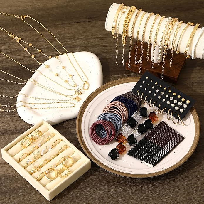 FAXHION 68 Pcs Gold Jewelry Set for Women with 7 Necklace, 17 Bracelet, 5 Hoop Earrings, 15 Stud Earrings, 24 Knuckle Rings for Women Jewelry Set for Women
