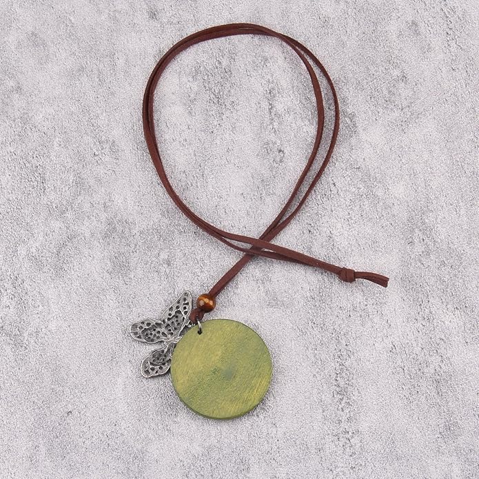 Long Boho Necklaces for Women Vintage Leather Wooden Pendant Y Choker Ethnic Style Gold Circle Hippie Sweater Necklace