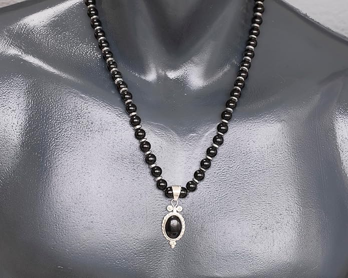 Natural Carnelian Agate Silver Pendant, Genuine Black Onyx Beaded Necklace, Gemstone Strong Necklace, 18x13 Cabachon, Fashion Dainty Jewelry, Healing Crystal Chakra Necklace, Minimalist Necklace