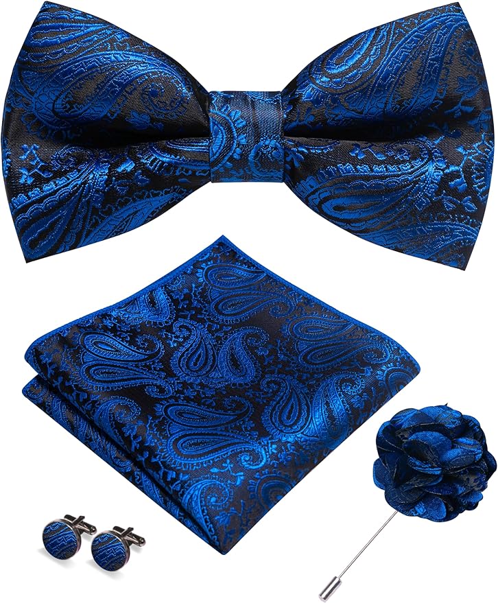 JEMYGINS Mens Paisley Bow Tie and Lapel Pin Necktie Pocket Square and Tie Clip with Sets for Business Casual 4PCS