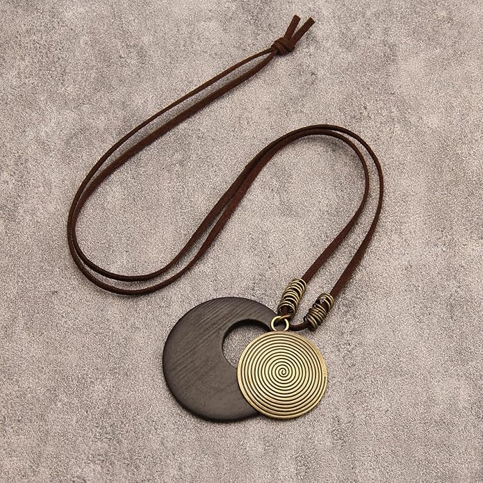 Long Boho Necklaces for Women Vintage Leather Wooden Pendant Y Choker Ethnic Style Gold Circle Hippie Sweater Necklace