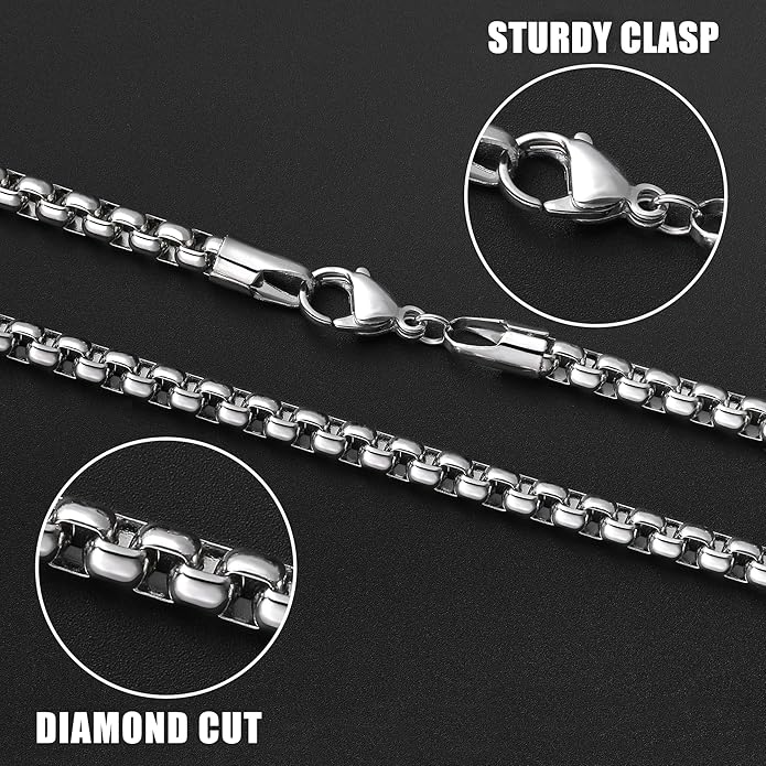 Fiusem Box Chain for Men, Silver Tone/14K Gold Plated/Black Stainless Steel Necklace for Men and Women, Width 2/2.5/3/4/5mm, Length 18-28 Inches