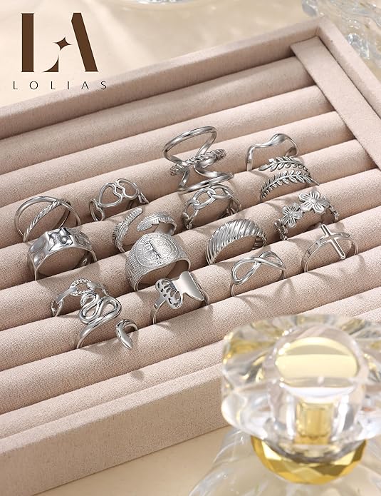 LOLIAS 16Pcs Stainless Steel Rings for Women Chunky Silver Rings Non Tarnish Stackable Ring Open Adjustable Thumb Finger Statement Rings Set