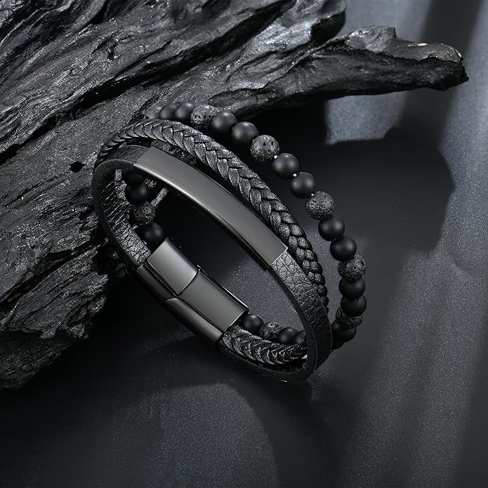 Mens Tiger Eye Matee Black Onyx Lava Rock Volcanic Stone Beaded Bracelet, Black Braided Leather Bracelet for Men