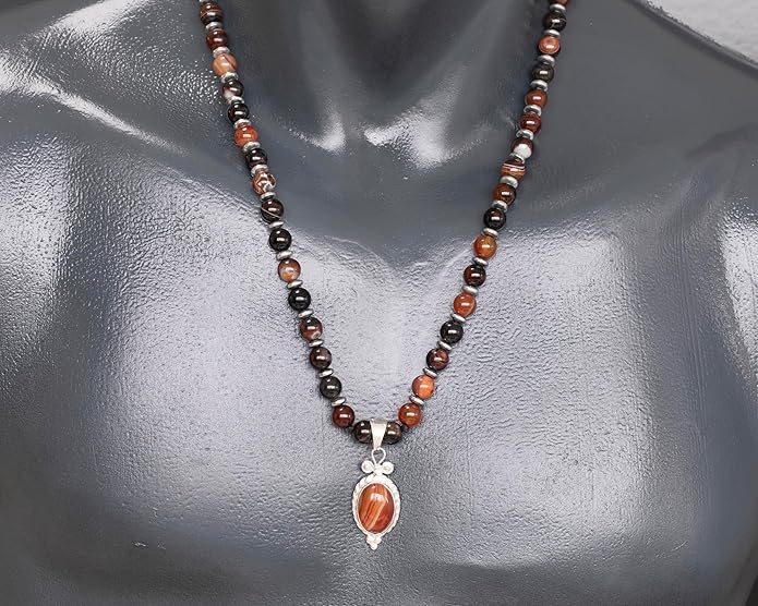 Natural Carnelian Agate Silver Pendant, Genuine Black Onyx Beaded Necklace, Gemstone Strong Necklace, 18x13 Cabachon, Fashion Dainty Jewelry, Healing Crystal Chakra Necklace, Minimalist Necklace
