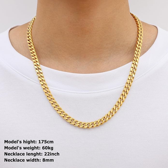 Fiusem Valentines Day Gifts for Him Silver Tone/Black/14K Gold Plated Chain Necklace for Men, 5mm/6mm/7.5mm/8mm/9mm Stainless Steel Cuban Link Chain Necklace, Men's Chains 18-28 Inch Jewelry Gifts
