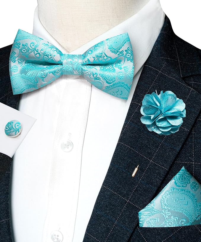 JEMYGINS Paisley Pre-tied Bow Tie and Pocket Square Cufflinks Lapel Pin Sets for Men 4PCS