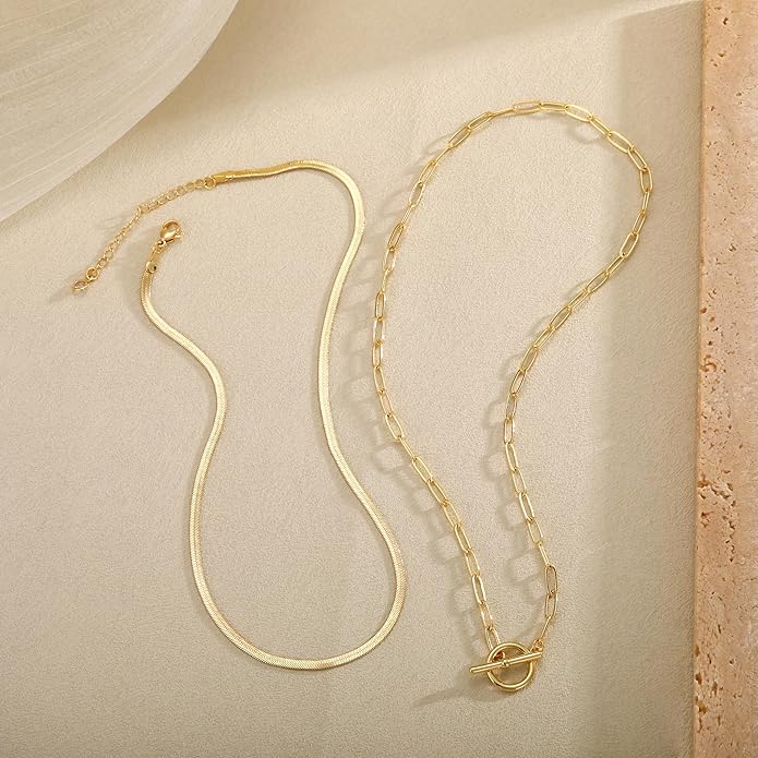 CHESKY 14K Gold Plated Layered Herringbone Necklaces for Women, Trendy Paperclip Snake Chain Necklace Cuban Link Simple Chunky Toggle Clasp Necklace Set Fashion Jewelry
