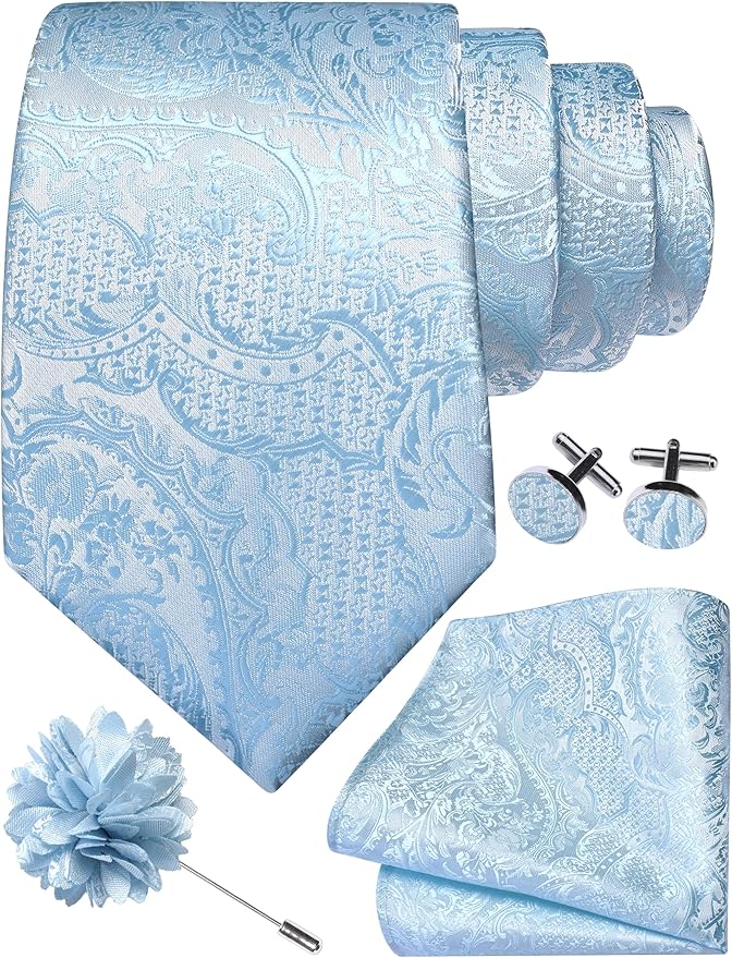 GUSLESON 8cm Paisley Tie Set for Men Necktie Lapel Pin Pocket Square Cufflinks Set for Men
