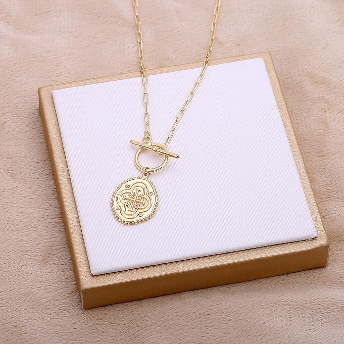 CANEVINKA Dainty Cross Medallion/Heart Pendant Chain Necklace 18K Gold Plated Oval Choker Fashion OT Toggle Jewelry Handmade for Women Simple Gold Charm Necklace