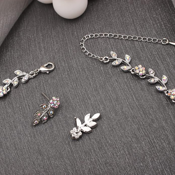 Austrian Crystal Rhinestone Choker Necklace Dangle Earring Link Bracelet Jewelry Set for Brides Bridesmaid Prom Costume Accessories for Women