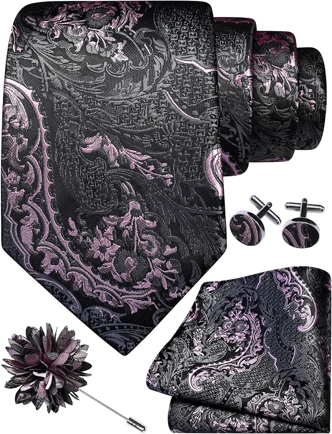 GUSLESON 8cm Paisley Tie Set for Men Necktie Lapel Pin Pocket Square Cufflinks Set for Men
