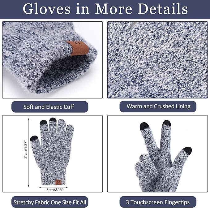 Womens Winter Warm Knit Beanie Hat Touchscreen Gloves Long Neck Scarf Set with Fleece Lined Skull Caps Gifts for Women