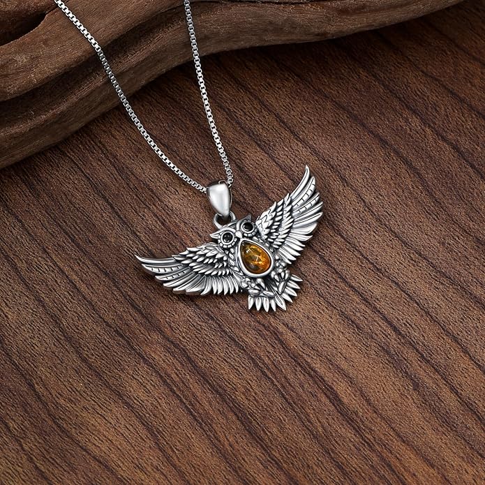 Genuine Amber Flying Hawk Eagle Necklace 925 Sterling Silver vintage Natural Gemstone Animal Wing Teardrop Jewelry for Women Eagle Lover