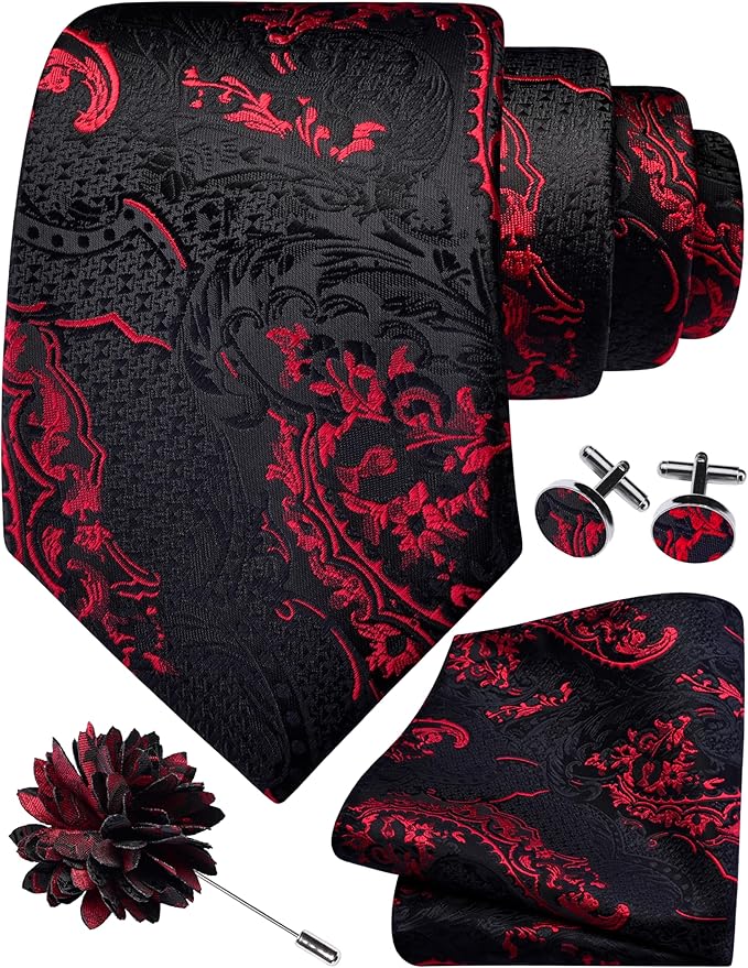 GUSLESON 8cm Paisley Tie Set for Men Necktie Lapel Pin Pocket Square Cufflinks Set for Men